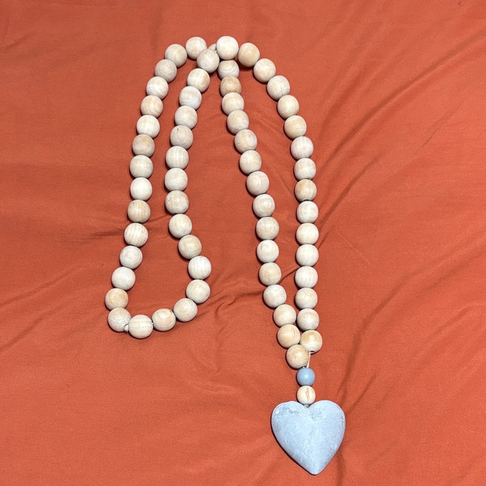 Natural Wood Bead Garland with Heart Pendant
